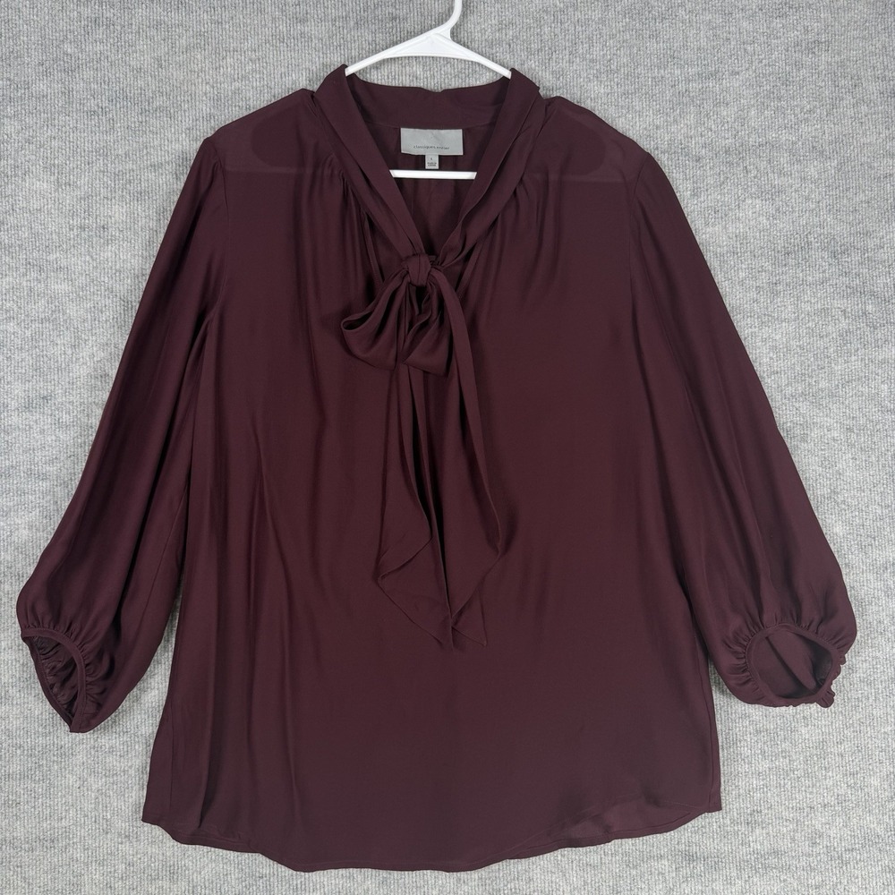 Classiques Entier Size-L Women's Blouse Silk Burgundy Tie Front